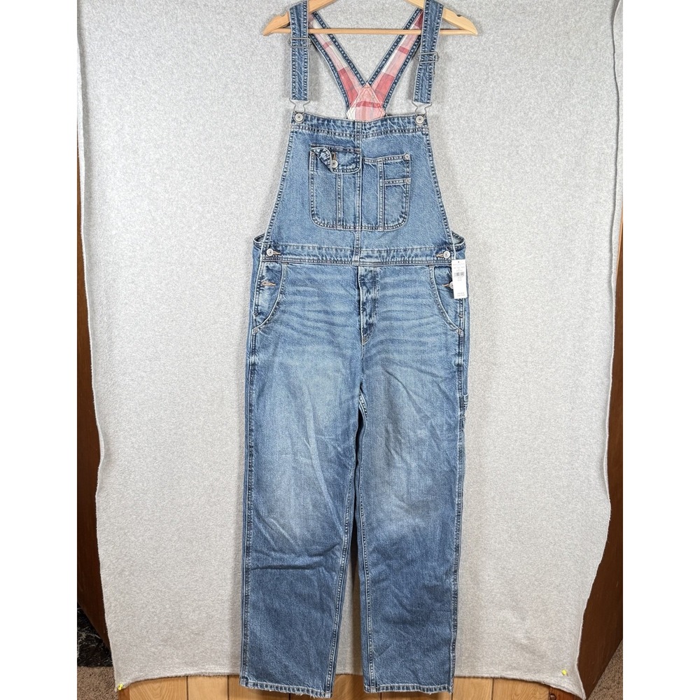 American Eagle Denim Baggy Overall Jeans Medium Medium Wash Blue Plaid Lining
